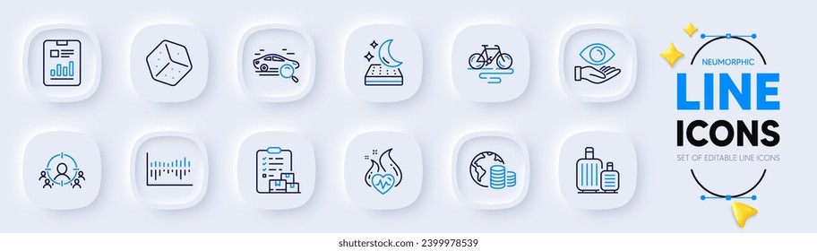 Delivery report, Column diagram and Business targeting line icons for web app. Pack of Budget, Baggage, Cardio training pictogram icons. Mattress, Search car, Bike signs. Dice. Vector