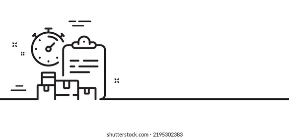 Symbol für die Liefermeldung Parcel Dokumente Zeichen. Express-Service-Symbol. Minimaler Hintergrund der Illustration. Banner für die Anzeige des Zeilenbildes der Lieferung. White Web Template Konzept. Vektorgrafik