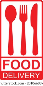 Entrega desde el icono rojo de los restaurantes, señal vectorial en el fondo aislado. Entrega desde el símbolo de concepto de restaurantes, ilustración