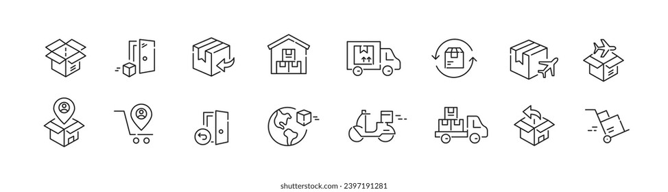 Delivery, return, express courier service, truck and warehouse. Pixel perfect, editable stroke