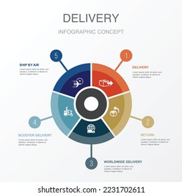 Delivery, return, worldwide delivery, scooter delivery, ship by air icons Infographic design template. Creative concept with 5 steps