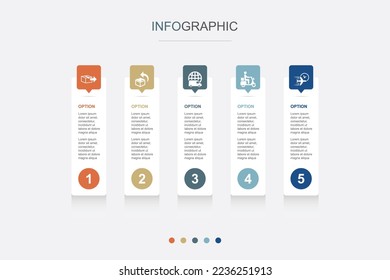Delivery, return, worldwide delivery, scooter delivery, ship by air icons Infographic design template. Creative concept with 5 steps