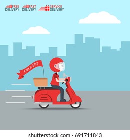 Delivery Ride Motorcycle Service, Order Worldwide Shipping, Fast and Free Transport, food express, vector illustration cartoon