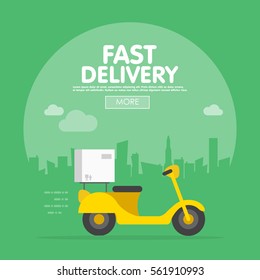 Delivery Ride Scooter Motorcycle City Building Background Flat Vector Illustration.