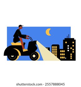 Delivery Rider On A Scooter In Flat Vector Illustration Symbolizing Fast Delivery, Nighttime Urban Scene, And Logistics, Isolated On White Background.