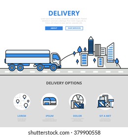 Delivery road transport concept flat line art vector icon. Modern website infographics illustration hero image web banner printed material. Line art collection.