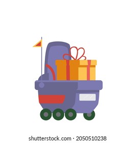 Lieferroboter bringt Geschenkbox flache Vektorgrafik. Einzeln auf Weiß.