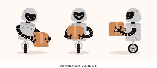 Delivery robot character with a carton box in different positions. Business illustration for futuristic technologies.