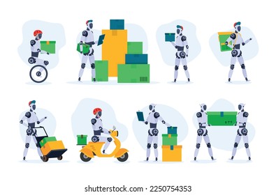 Entrega de servicio de mensajería de inteligencia artificial tecnología de transporte conjunto de ilustración vectorial isométrica. Caja de carga máquina robótica inteligente postal envío de paquete de compras en línea