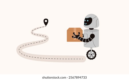 Delivery robot delivers a parcel to the destination mark on a map. Cartoon vector character.