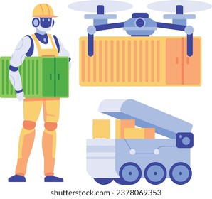 Delivery robot with drone and cardboard boxes. Delivery service concept. Social networking and online communication concept. Vector illustration