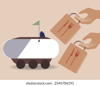 Delivery robot and hand with products as fast delivery concept, flat vector stock illustration