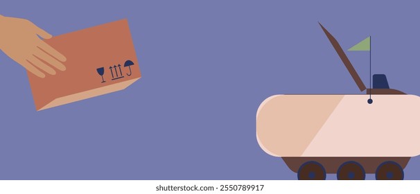 Robô de entrega e mão humana com caixa de papelão como conceito de logística futura, ilustração de espaço de cópia de estoque de vetor plano ou modelo ou fundo