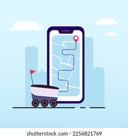 Delivery robot makes delivery with smartphone application. Auto vehicle. In the town. Vector illustration.On blue background.