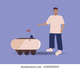 Delivery robot and man as delivery service user, flat vector stock illustration