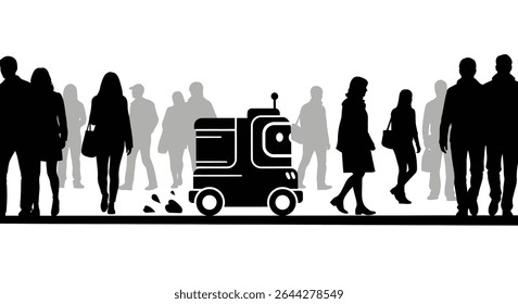 Um robô de entrega que rola através de uma calçada crowd.jpg	Robô De Entrega Autônomo Rolando Através Da Multidão Ocupada	Um robô de entrega autônomo navega suavemente através de uma agitada multidão de calçadas, ou
