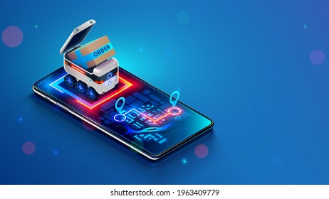 Delivery Robot Shipping Order In A Cardboard Box. Small Autonomous Shipping Vehicle Of Purchase To Specified Location On Map Of Phone. Robotic Delivery Online Service. Isometric Vector Concept.