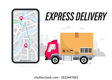 Аast delivery route on the map in the phone. Delivery truck with cardboard box on are city background. Fast delivert. Express delivery service. Delivery route. E-commerce concept. Web Page, app design