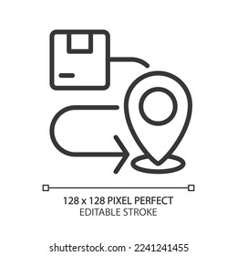 Delivery route pixel perfect linear icon. Parcel transportation. Logistics service. Navigation. Thin line illustration. Contour symbol. Vector outline drawing. Editable stroke. Arial font used