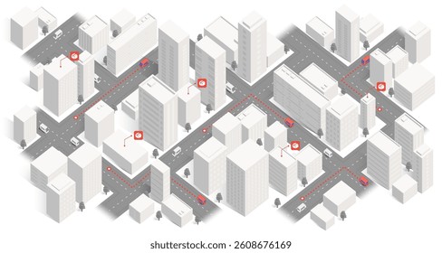 Delivery route planning, navigation plan between multiple pin. Isometric city scape navigation on a detailed map with 3D buildings. Red GPS map markers. Vector illustration