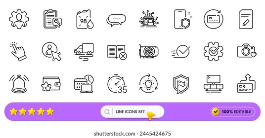 Delivery route, Reject book and Professional line icons for web app. Pack of Card, Timer, Shield pictogram icons. User, Distribution, Loyalty program signs. Renew card, Idea, Bell alert. Vector