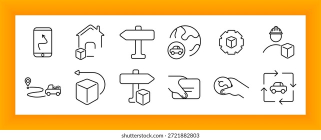 Icono de conjunto de ruta de entrega. Navegación, mapa, ubicación, globo, paquete, tarjeta, transporte, señalización, trabajador, flujo, casa, seguimiento, mano, flecha, logística