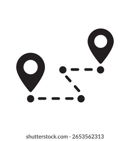 Ícone de rastreamento de rota de entrega com localização de pin de mapa mostrando a viagem do início ao destino, navegação de pacote e caminho de logística para o vetor de entrega ícone de glifo sólido