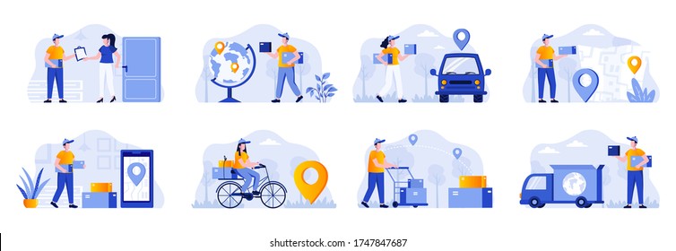 Delivery scenes bundle with people characters. Online order and couriers delivery at home, global shipping and local distribution, logistics situations. Express delivery flat vector illustration.