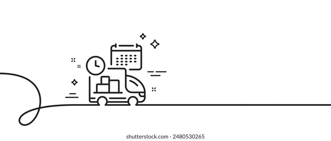 Icono de línea de programa de entrega. Una línea continua con rizo. Signo de calendario de logística. Símbolo recordatorio de carga. Cinta de un solo contorno. Patrón de curva de bucle. Vector