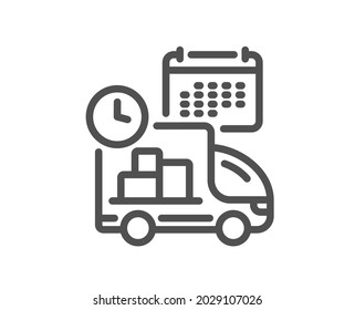 Delivery schedule line icon. Logistics calendar sign. Cargo reminder symbol. Quality design element. Linear style delivery icon. Editable stroke. Vector