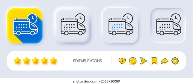 Delivery schedule line icon. Neumorphic, Flat shadow, 3d buttons. Logistics calendar sign. Cargo reminder symbol. Line delivery icon. Social media icons. Vector