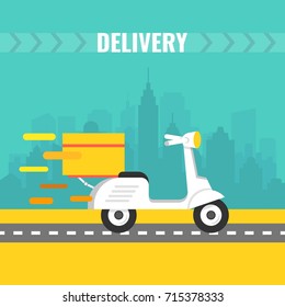 Delivery scooter with big box. Motorcycle fast delivery. Vector illustration.