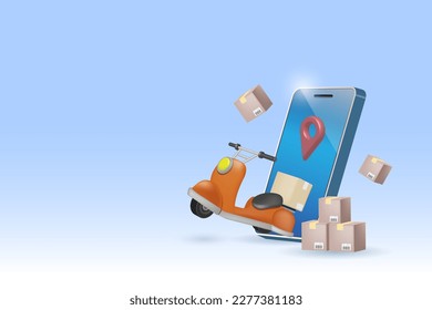 Delivery scooter bike delivery carton box on smart phone pin. Online shopping and delivery service with shipment GPS tracking system. Logistics and distribution smart system. 3D vector