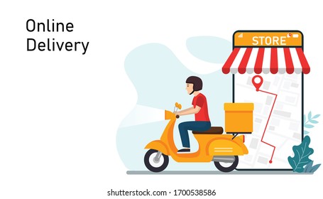 Delivery scooter by on mobile. Online restaurant order food service. Customer location on phone devices. E-commerce concept. vector illustration flat design. Mobile application tracking a delivery.