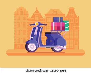 Motocicleta de entrega con una ilustración plana de paquete de regalo. Concepto de servicio de transporte urbano con cartón de entrega de bicicletas a casa. Lugar de envío de motos de productos con motocicleta de mensajería.