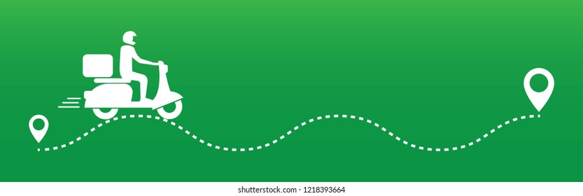 A delivery scooter is going to destination. Delivery pictogram with copy space for text on green background. Order is its on way. Delivery concept. Cartoon transportation design.