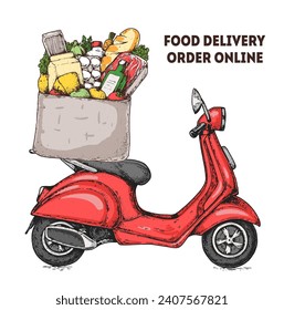 Delivery scooter hand drawn. Organic food delivery. Vector illustration. Logistics and delivery scooter. Fast delivery of fresh vegetables, fruits, bred, eggs, milk, meat, cheese.