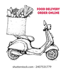 Delivery scooter hand drawn sketch. Organic food delivery. Vector illustration. Logistics and delivery scooter. Fast delivery of fresh vegetables.