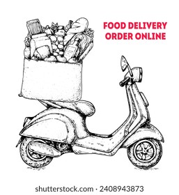 Delivery scooter hand drawn sketch. Organic food delivery. Vector illustration. Logistics and delivery scooter. Fast delivery of fresh vegetables, fruits, bred, eggs, milk, meat, cheese.