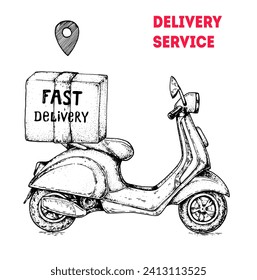 Delivery scooter hand drawn sketch. Goods delivery. Vector illustration. Logistics and delivery scooter. Fast delivery of goods.