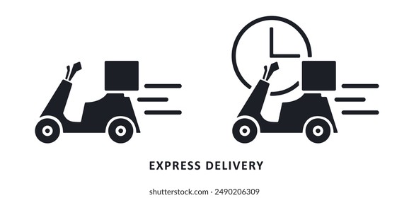 Delivery scooter icon, black silhouette isolated on white. Moped or motorbike with box and clock, stencil style. Vector clipart sign or logo for express delivery service, web design.