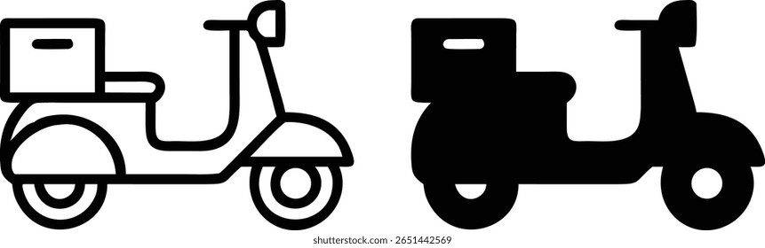 Conjunto de ícone de Scooter de entrega, vetor preto e branco, ilustração de contorno de silhueta mapeada