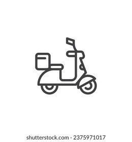 Icono de la línea de la motocicleta de entrega. signo de estilo lineal para concepto móvil y diseño web. Scooter con icono vector de contorno de caja de entrega. Símbolo, ilustración del logotipo. Gráficos vectoriales