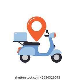 Scooter de entrega com ilustração de vetor de pino de localização para aplicativo de serviço de entrega