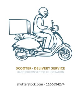 Delivery scooter. Delivery man ride scooter motorcycle.
Scooter hand drawn vector illustration.