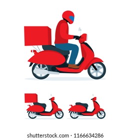 Delivery scooter. Delivery man ride scooter motorcycle.
Scooter cartoon style vector illustration.