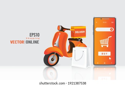 A delivery scooter or motorcycle is parked behind a shopping bag and a smartphone with a purchase icon and a cart icon on-screen for delivery and online shopping concept,vector 3d on white background