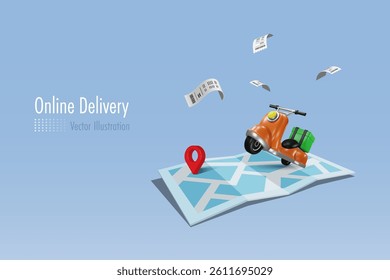 Delivery scooter on map pin bill receipt. Online shopping, delivery service and shipment distribution. 3D vector.