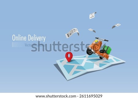 Delivery scooter on map pin bill receipt. Online shopping, delivery service and shipment distribution. 3D vector.