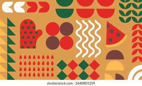 Delivery scooter, pizza slices, and bold food symbols combined in a flat style. Perfect for takeout ads, food tech visuals and fast food branding.